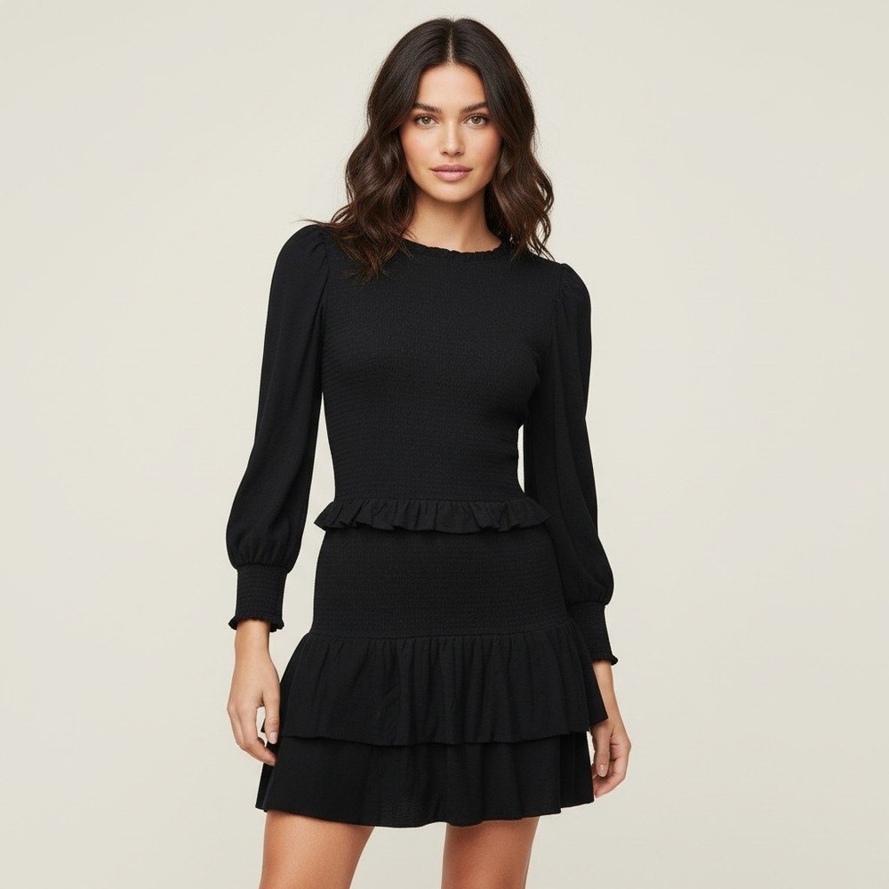 Nation LTD Black 100% Pima Cotton Smocked Tiered Ruffle Mini Dress Size Small